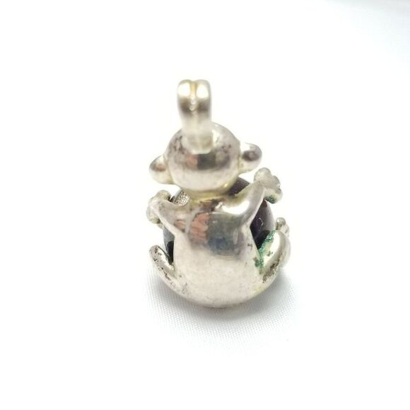 Vintage Little Monkey Holding Brown Catseye Glass Ball Pendant Charm Silver Tone - Picture 5 of 7